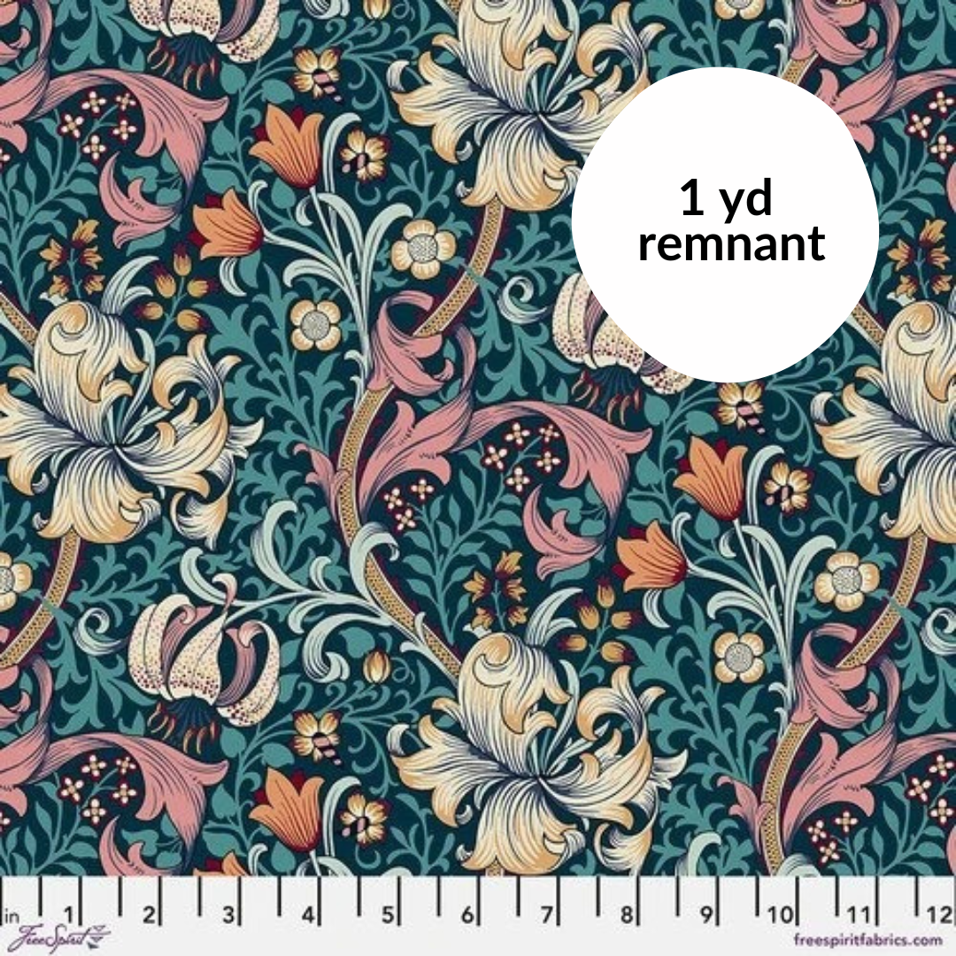 Remnant - 1 yd - Red House - Golden Lily - Teal Wideback