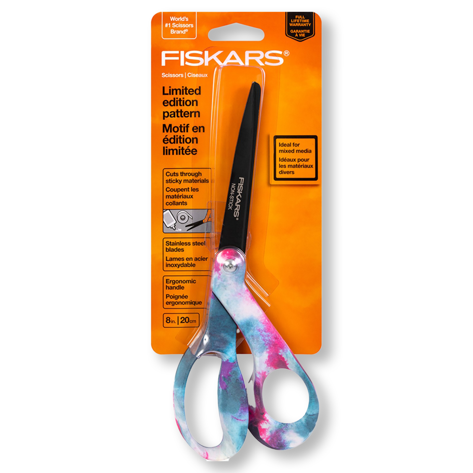 Scissors: Fiskars Premier Bent Deco NonStick Scissors 8in Pink & Blue Tie Dye
