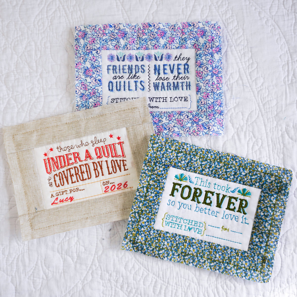 machine embroidery: in-the-hoop framed quilt labels