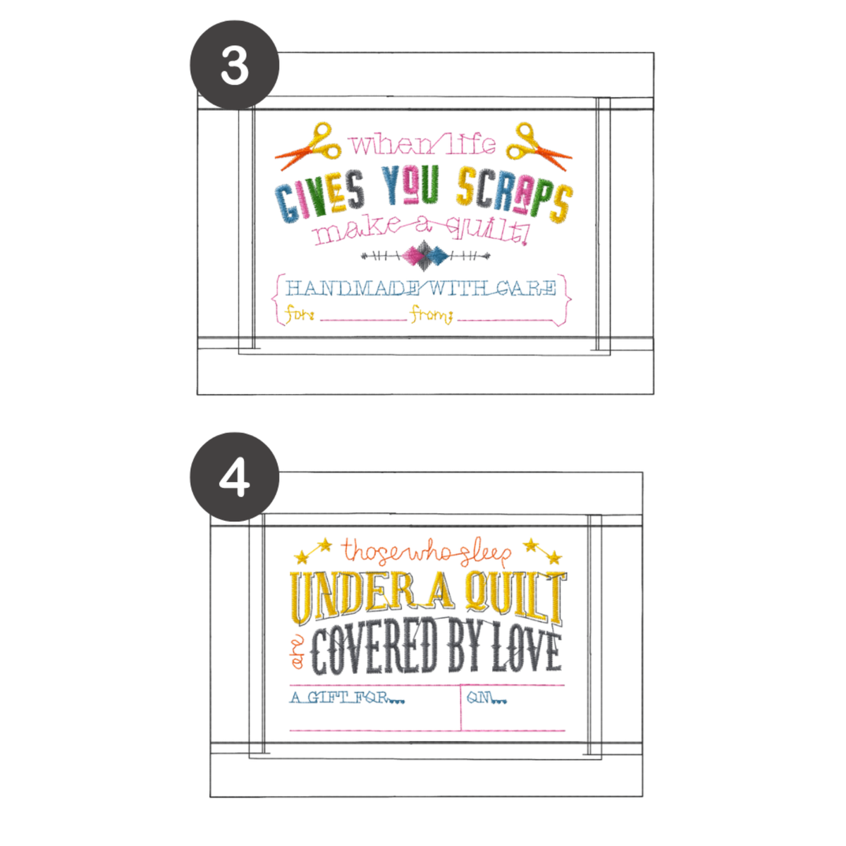 machine embroidery: in-the-hoop framed quilt labels