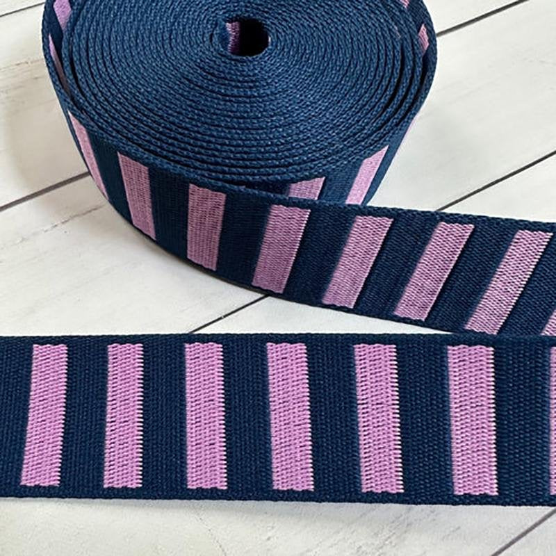 Bold Stripe 1 -1/2" Jacquard Webbing - Navy / Peony