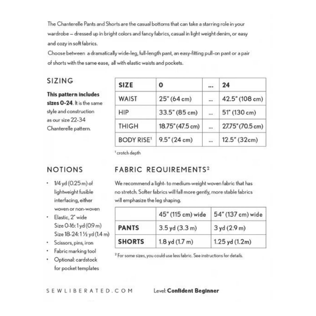 Sew Liberated - Chanterelle Pants and Shorts Pattern - Sizes 0-24