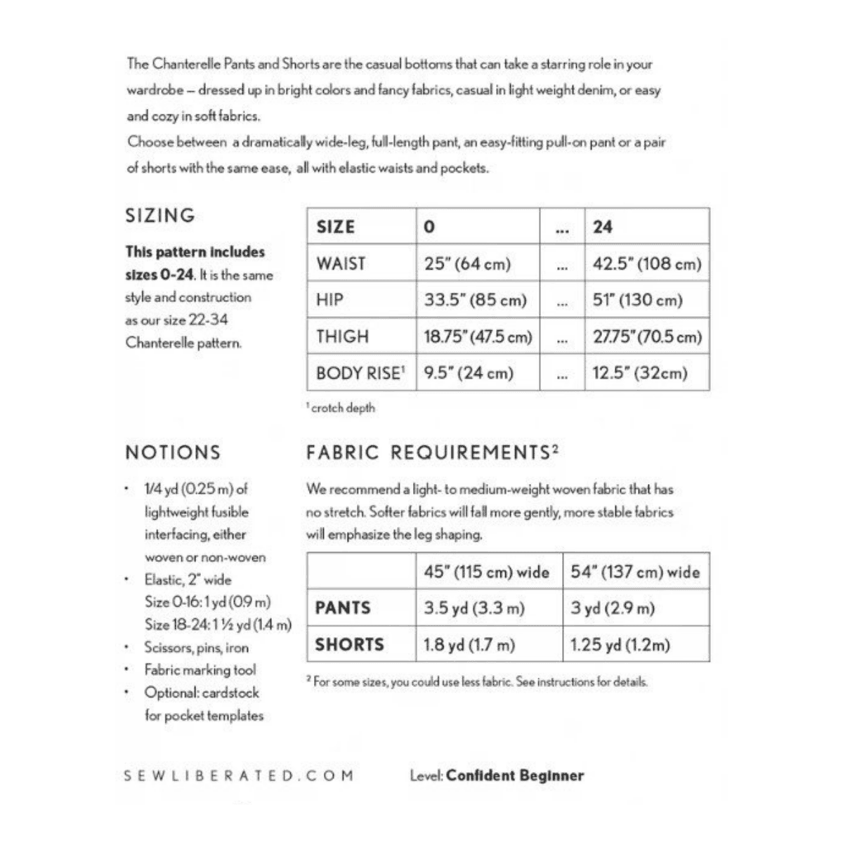 Sew Liberated - Chanterelle Pants and Shorts Pattern - Sizes 0-24