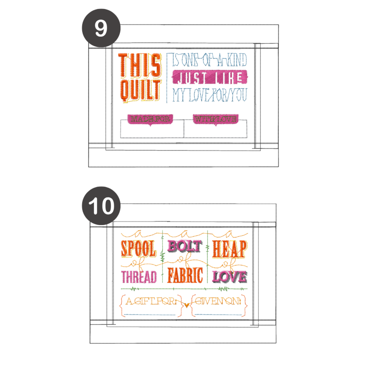 machine embroidery: in-the-hoop framed quilt labels