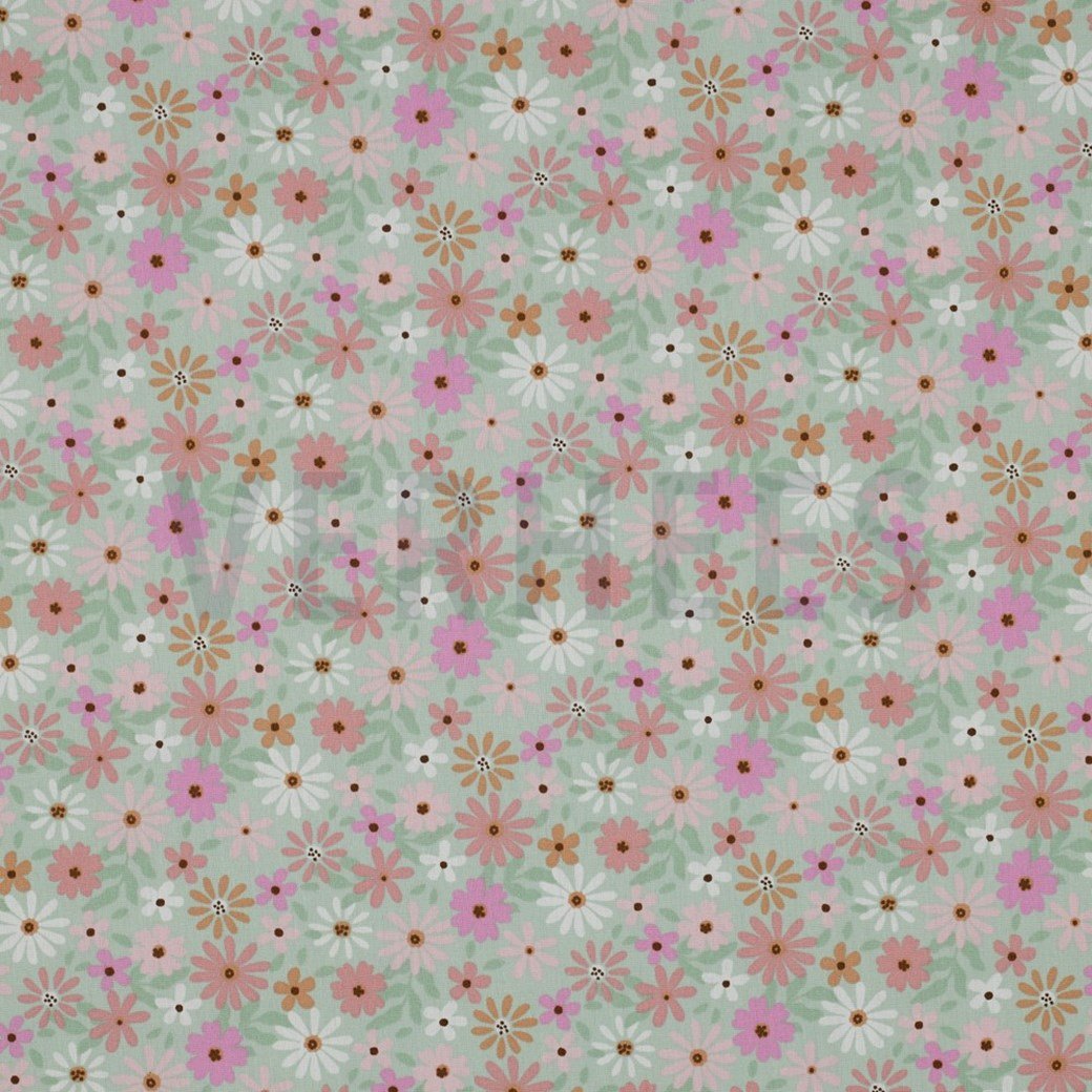 Coated Cotton - Flowers - Light Mint