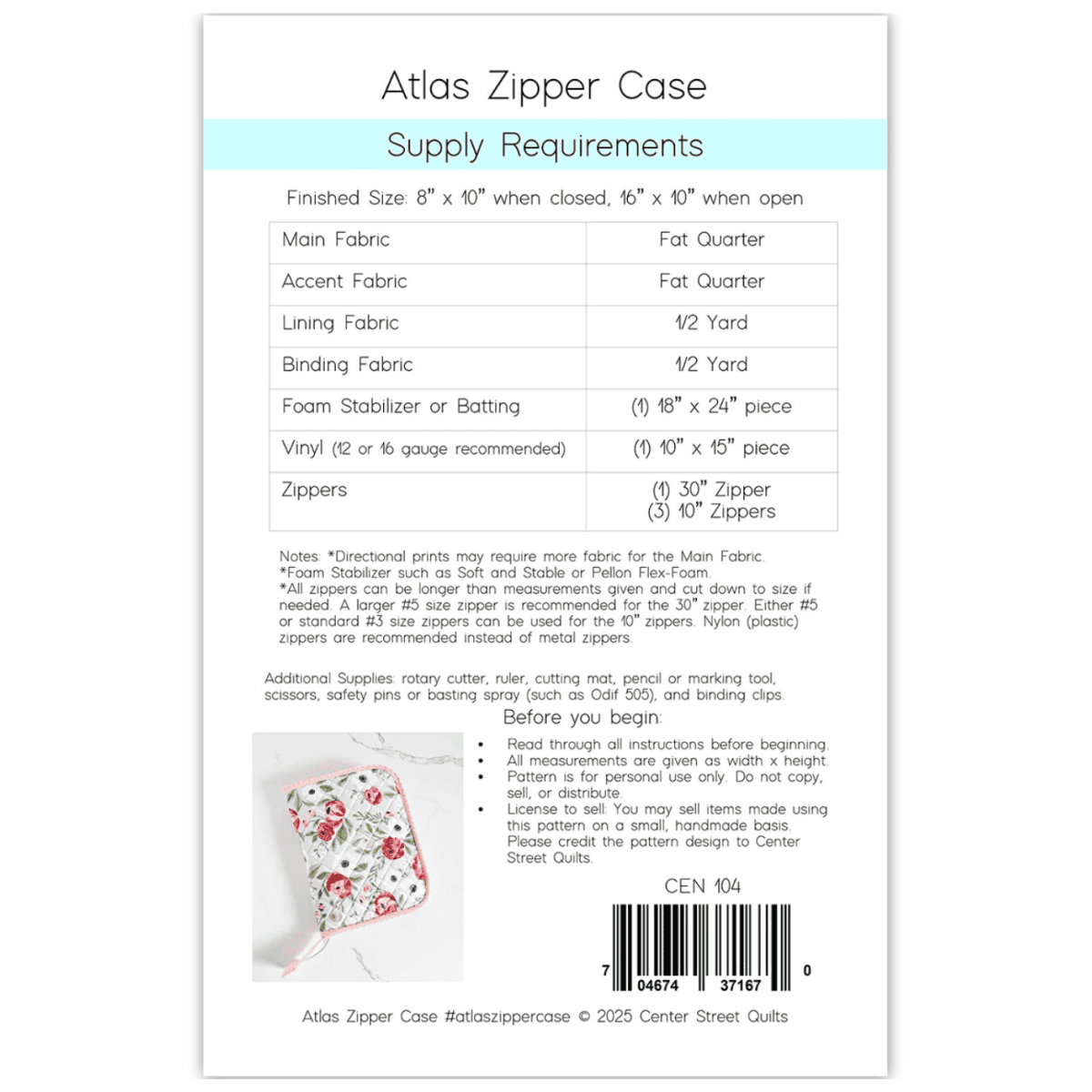 Center Street Quilts - Atlas Zipper Case Pattern