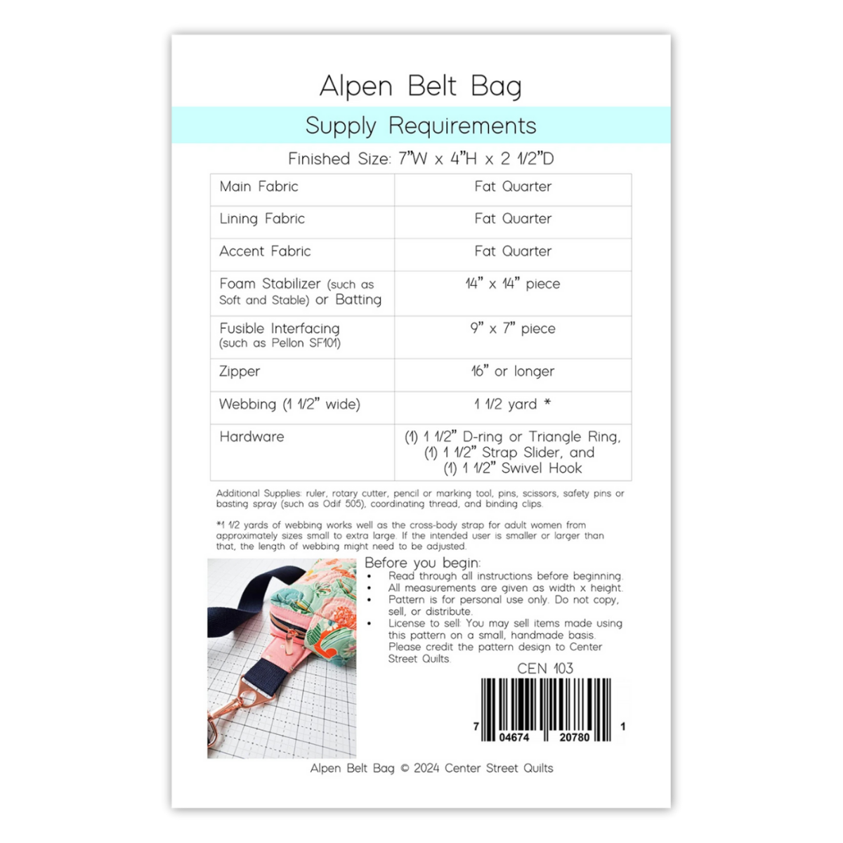 Center Street Quilts - Alpen Bag Pattern