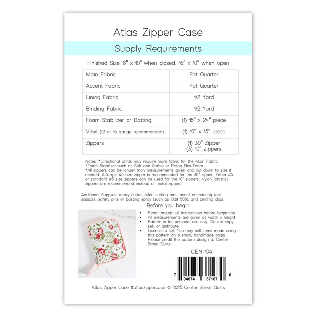 Center Street Quilts - Atlas Zipper Case Pattern