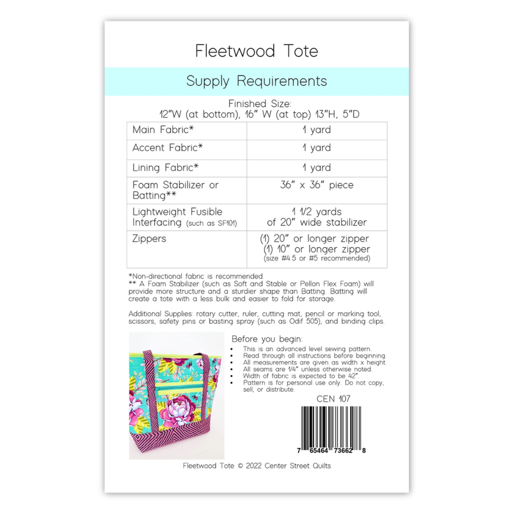 Center Street Quilts - Fleetwood Tote Bag