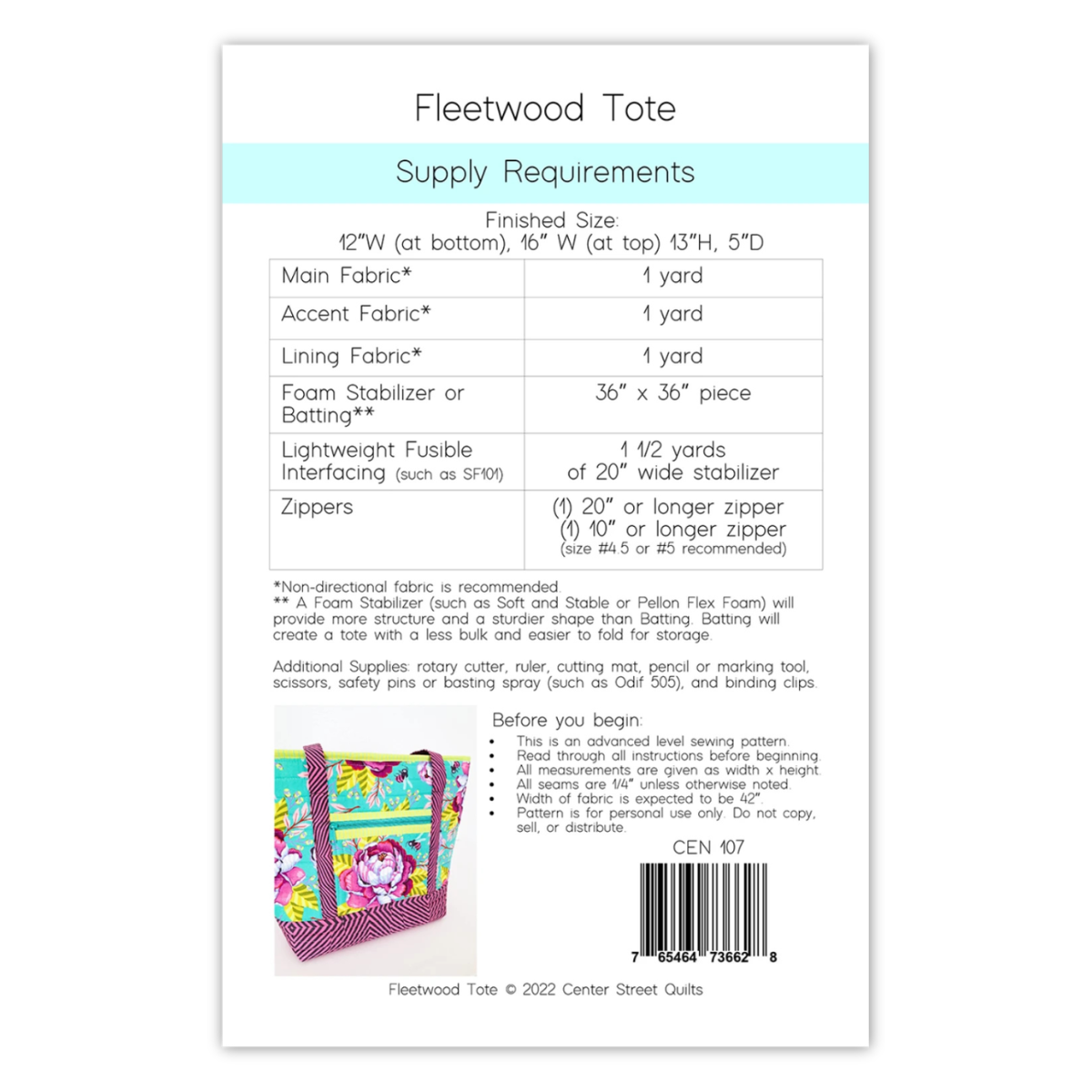 Center Street Quilts - Fleetwood Tote Bag
