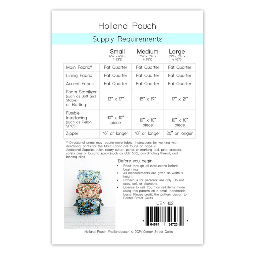 Center Street Quilts - Holland Pouch Pattern