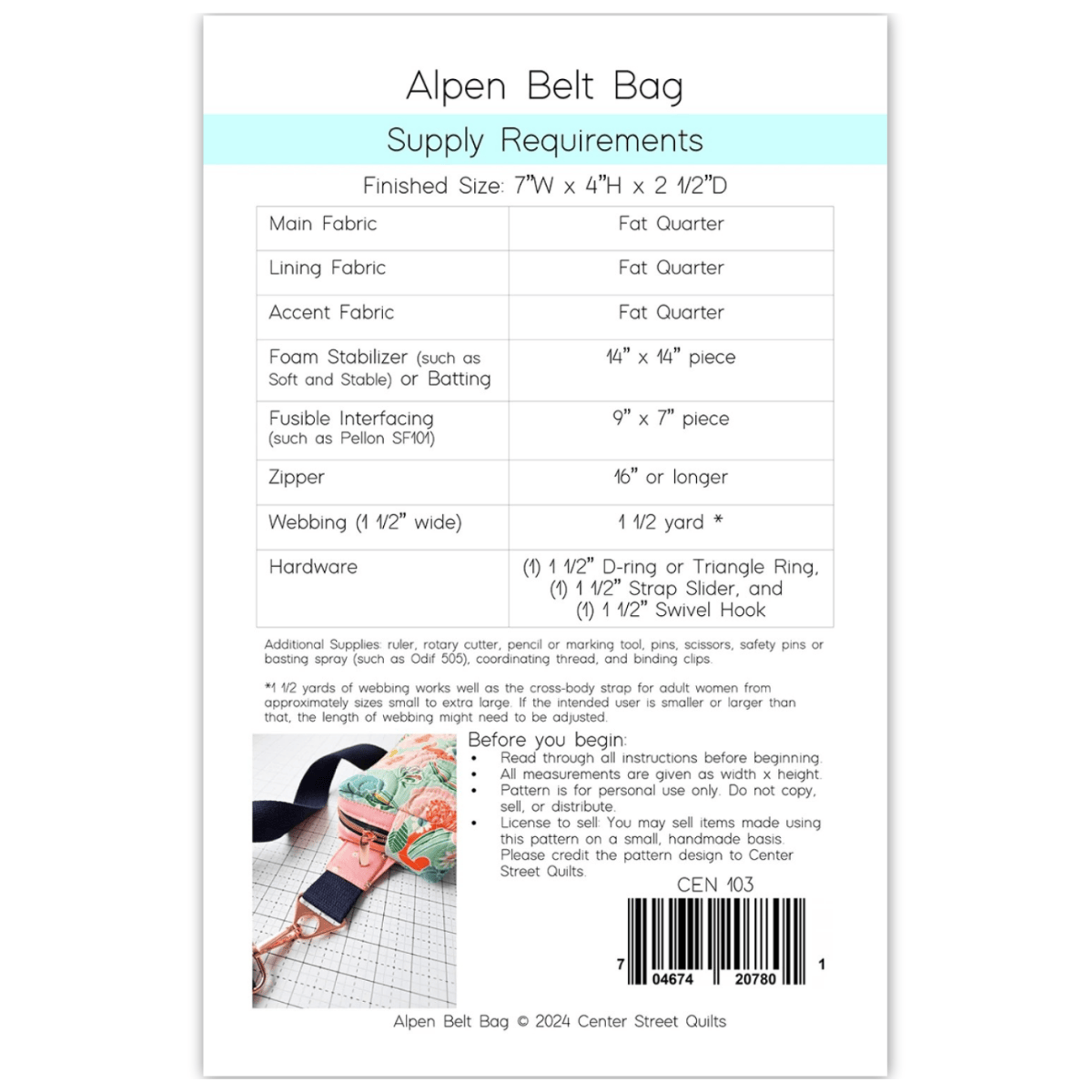 Center Street Quilts - Alpen Bag Pattern