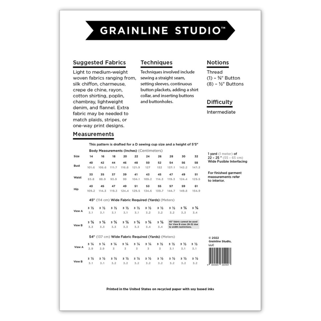 Grainline Studio - Archer Button Up - Sizes 14 - 32