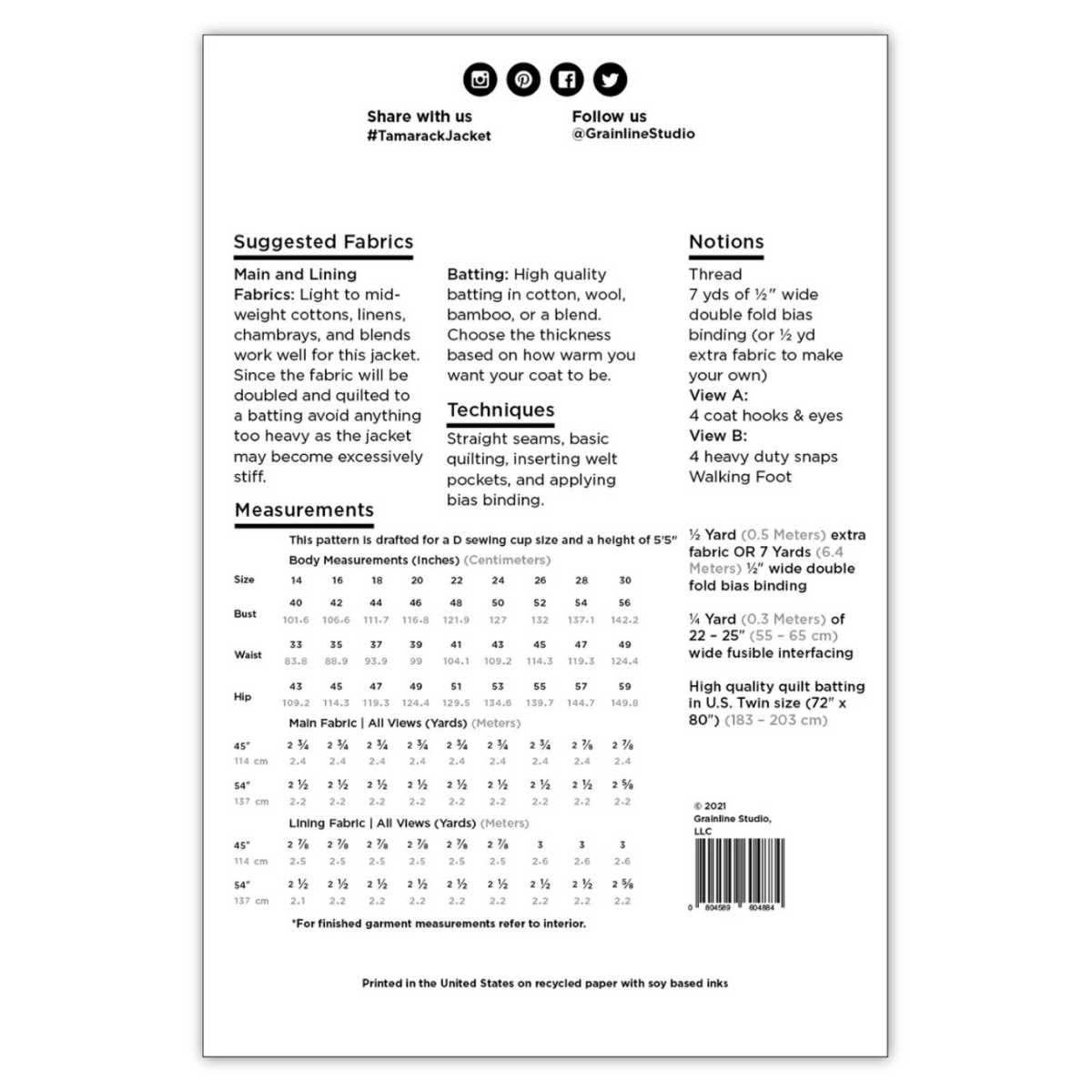 Grainline Studios - Tamarack Jacket Sizes- 14-30