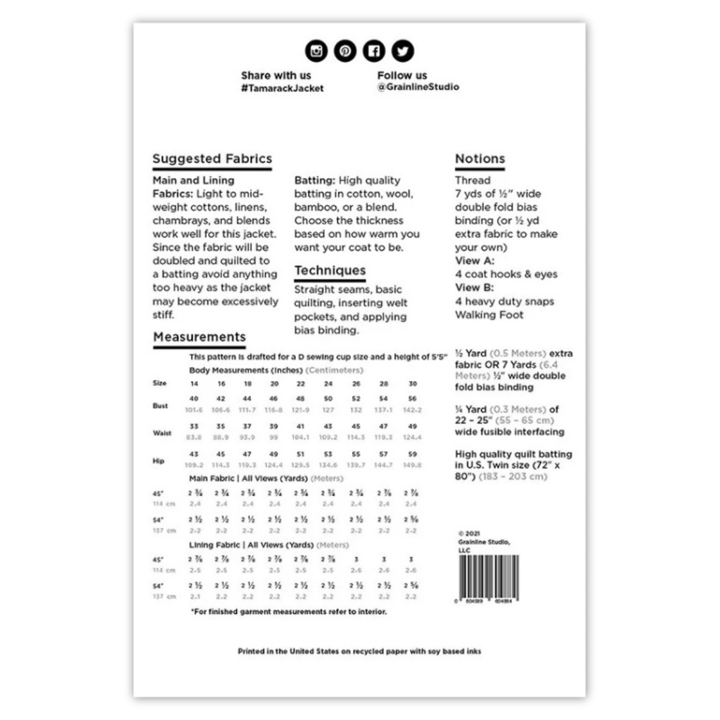Grainline Studios - Tamarack Jacket Sizes- 14-30