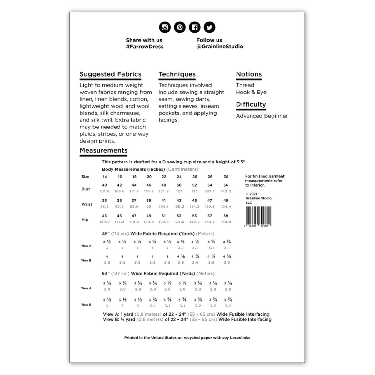 Grainline Studios - Farrow Dress Sizes 14-30