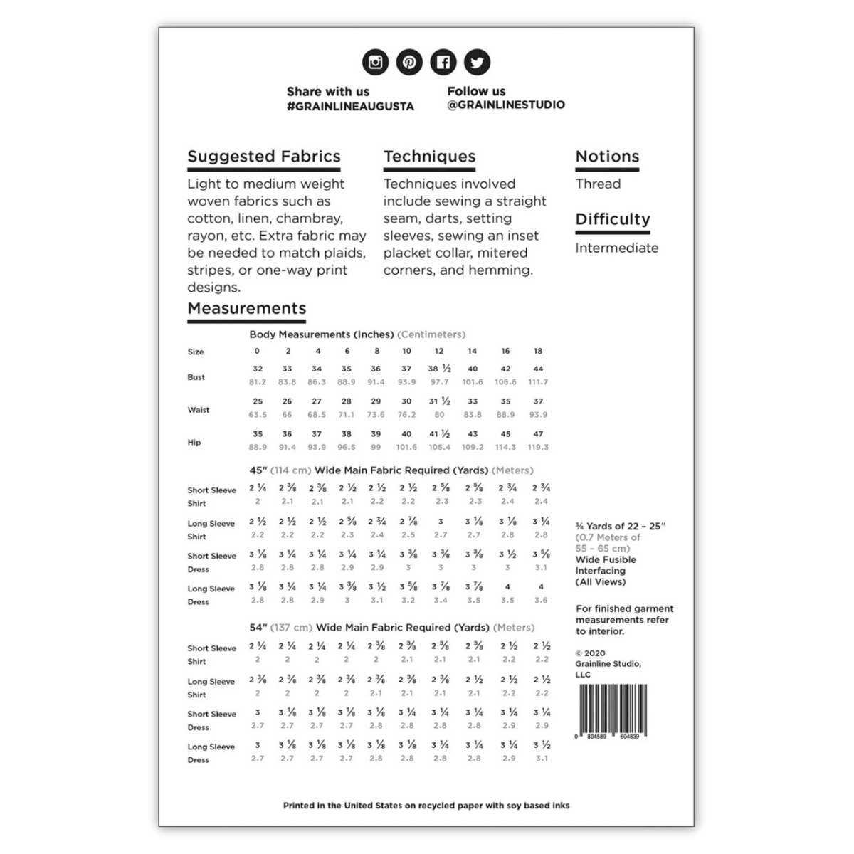 Grainline Studio - Augusta Shirt and Tunic - Sizes 0 - 18