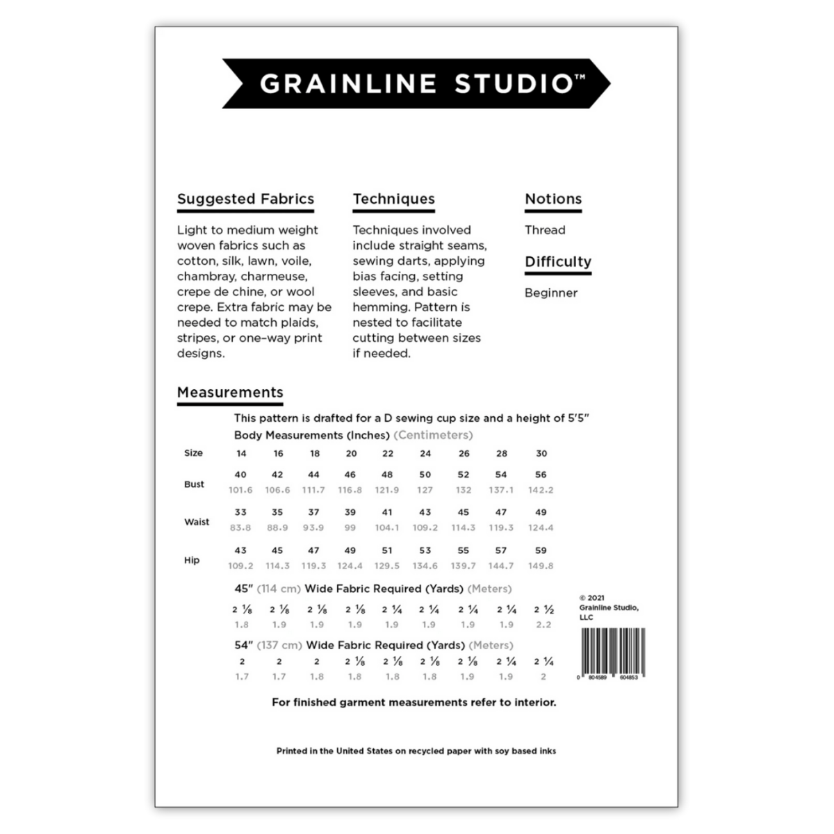 Grainline Studios - Scout Tee - Sizes 14 - 30