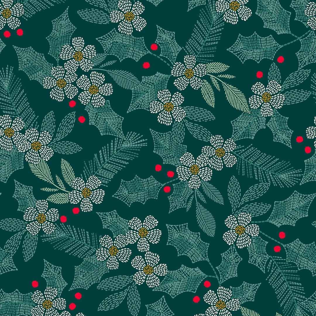 Holiday Stitches - Stitched Holly - Deep Green