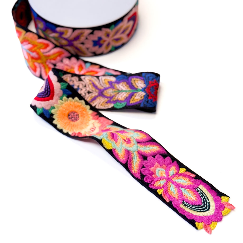 Embroidered Floral Trim - 2" Wide - Black