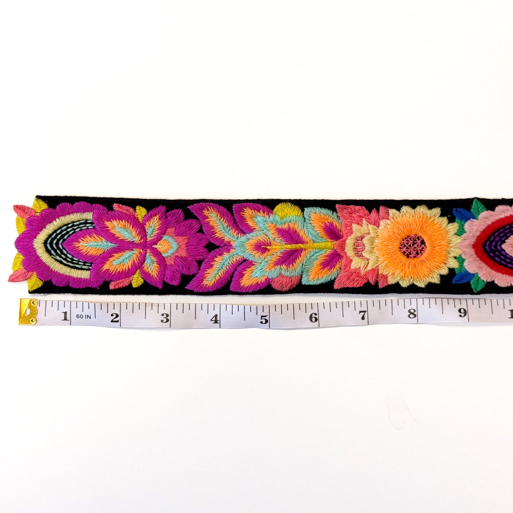 Embroidered Floral Trim - 2" Wide - Black