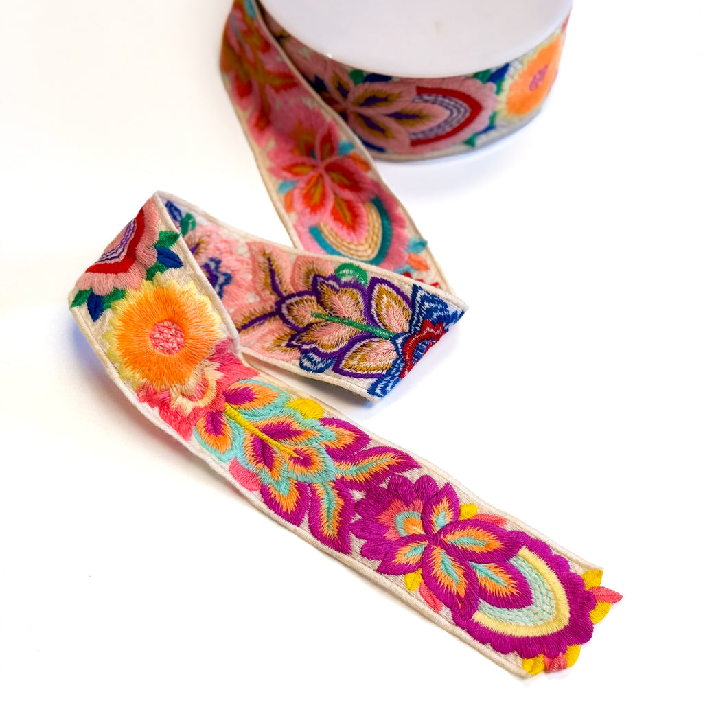 Embroidered Floral Trim - 2" Wide - White