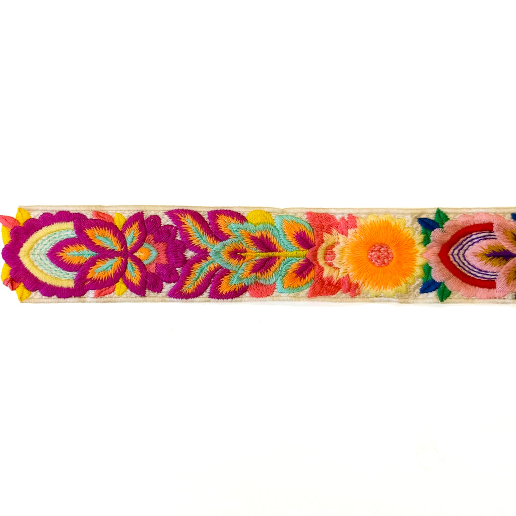 Embroidered Floral Trim - 2" Wide - White