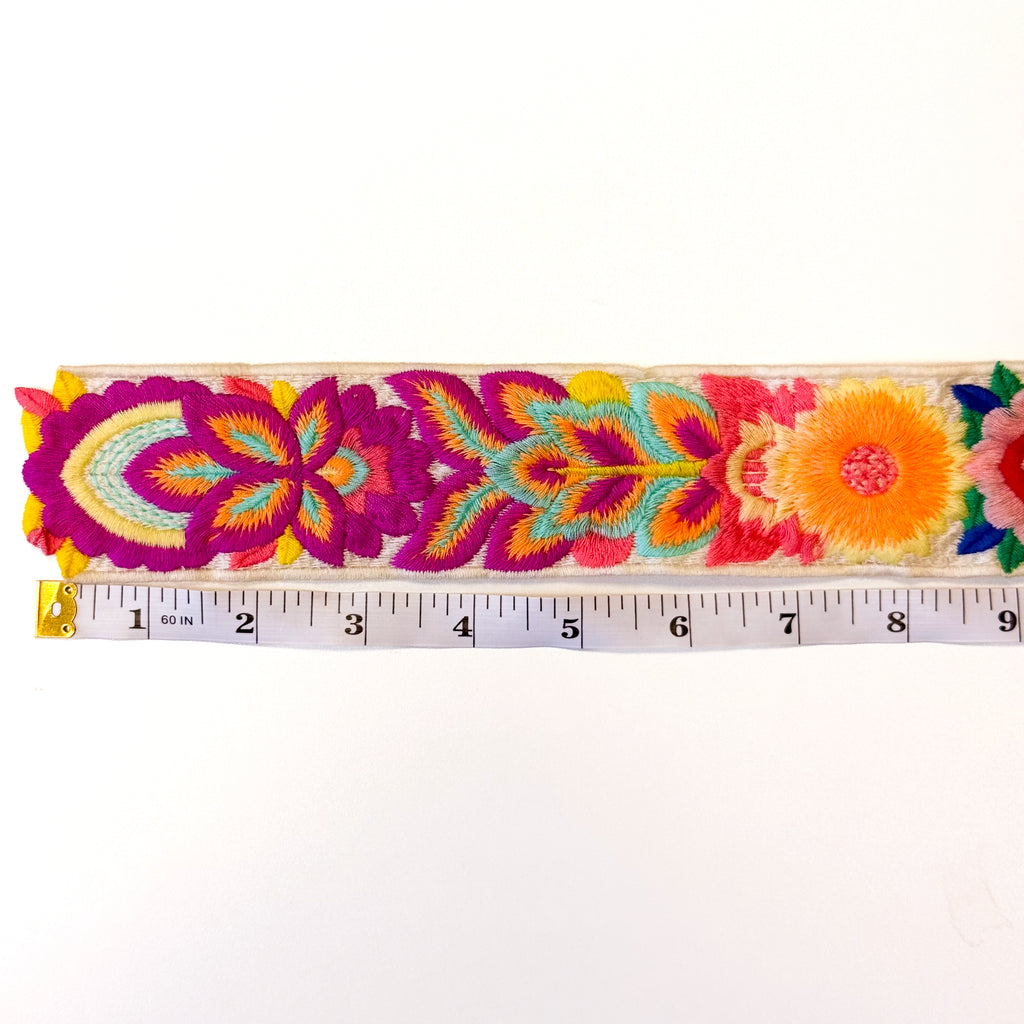 Embroidered Floral Trim - 2" Wide - White