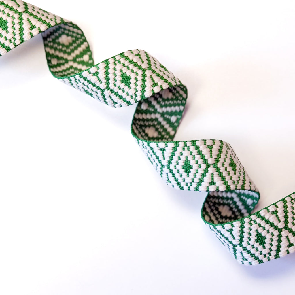 Jacquard Webbing - 1-1/2" wide -Kelly Green and White Diamond (115)
