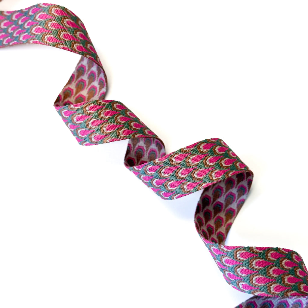 Peacock Print Webbing - 1-1/2" wide - Pink/Gray