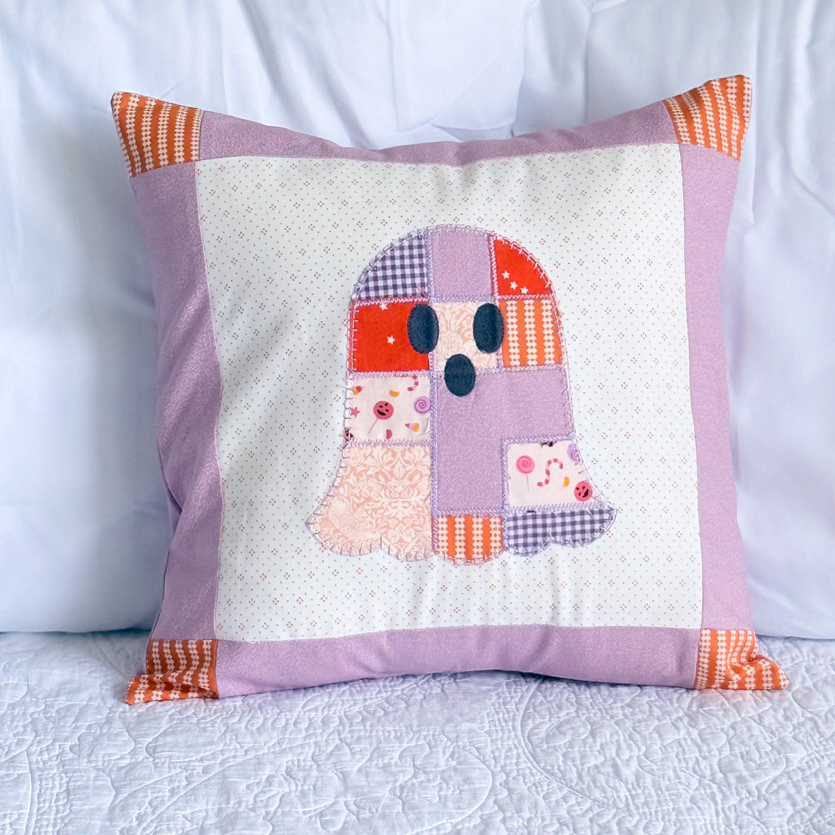 machine embroidery: in-the-hoop appliqued ghost pillow cover