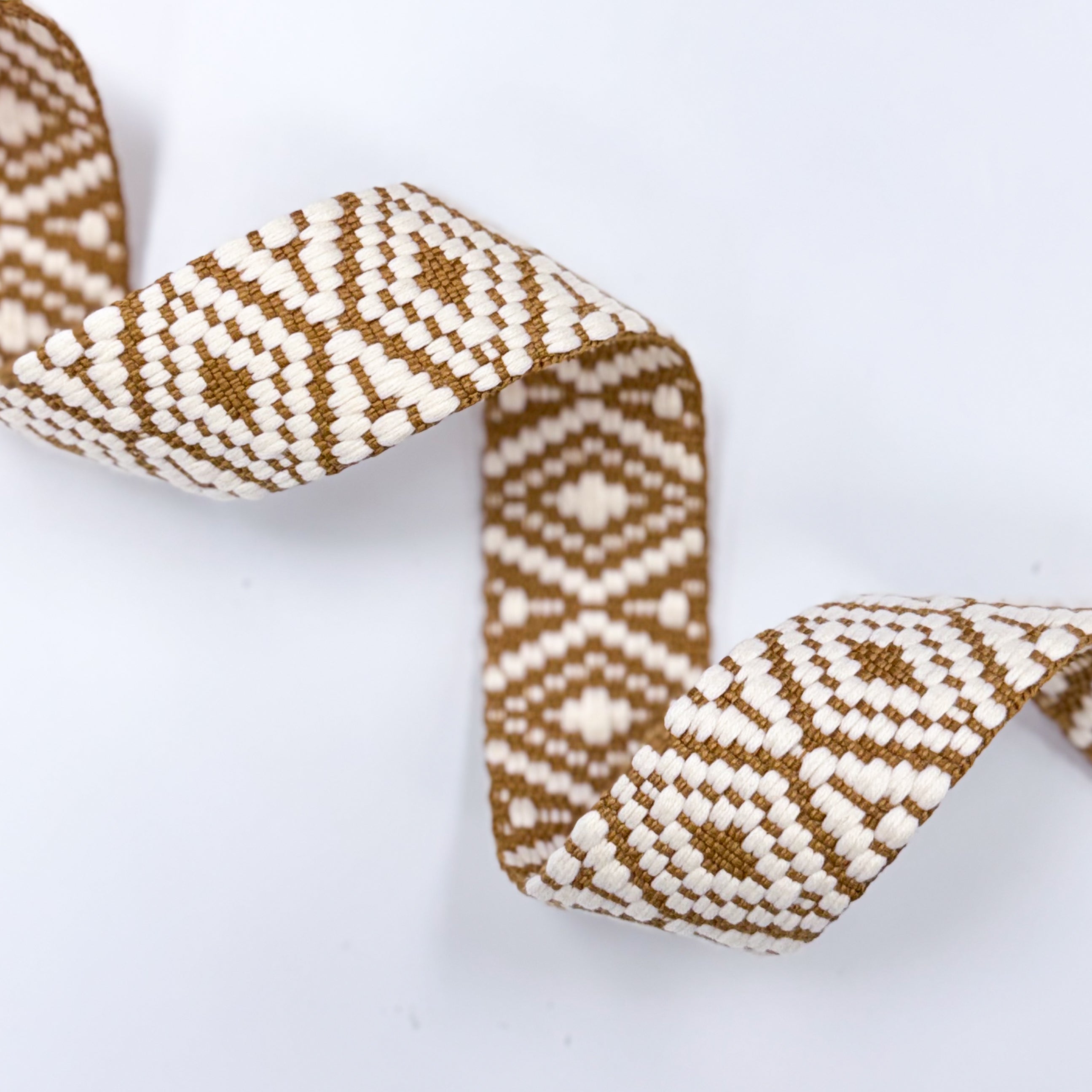 Jacquard Webbing - 1-1/2" wide - Tan and White Diamond