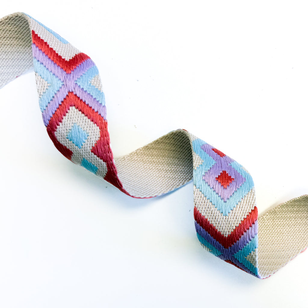 Ethnic Style Jacquard Webbing - 1-1/2" -Coral/Blue/Lavender