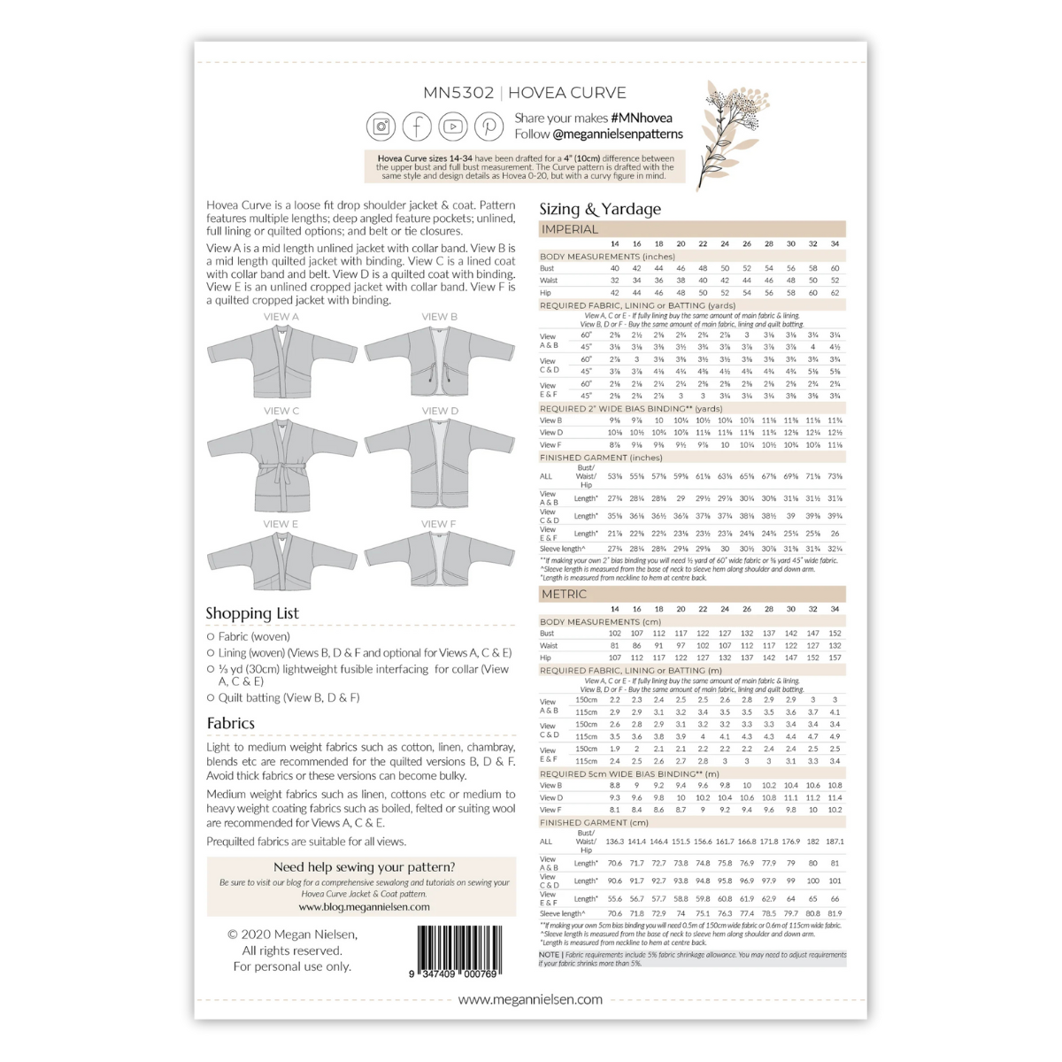Megan Nielsen Patterns - Hovea Curve Jacket & Coat - Plus Sizes
