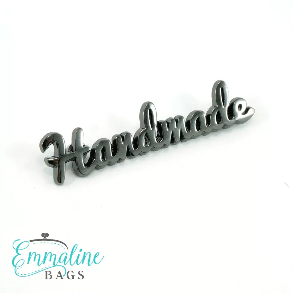 Emmaline - Metal Bag Label -Script Handmade - Gunmetal