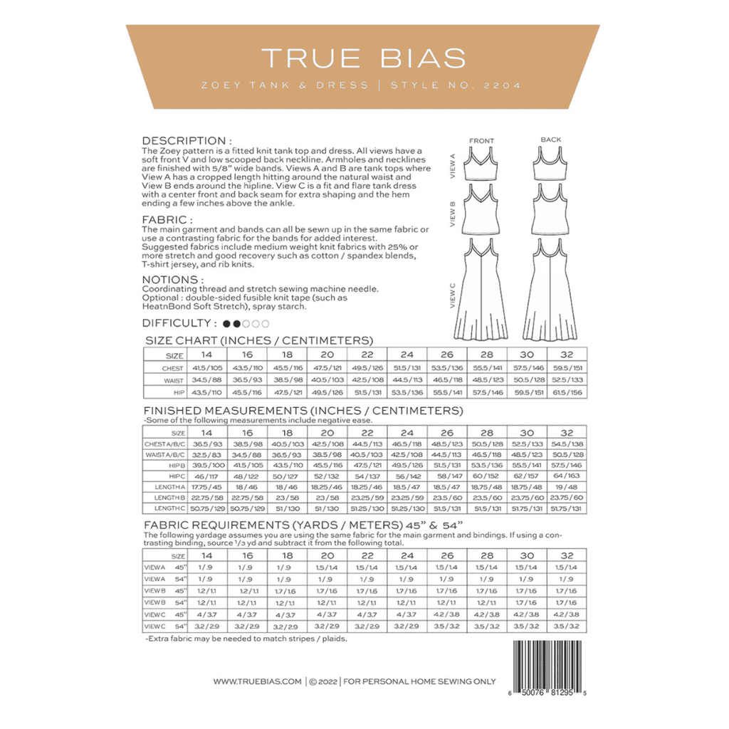 True Bias - Zoey Tank and Dress 14-32