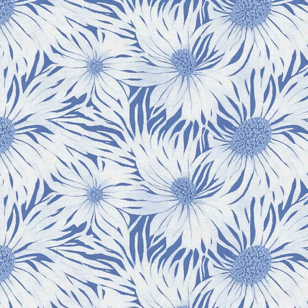 Abstract Florals Rayon - Whimsical Petals White on Blue