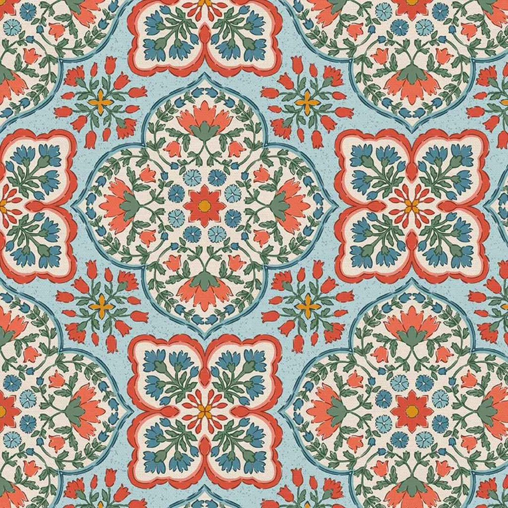 Blockprint Chic Rayon - Light Blue/Red