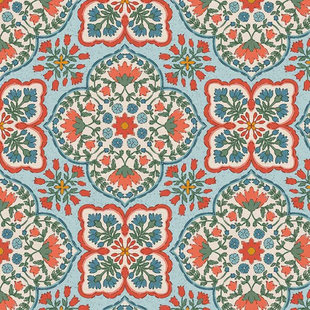 Blockprint Chic Rayon - Light Blue/Red