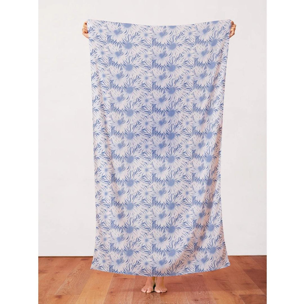Abstract Florals Rayon - Whimsical Petals White on Blue