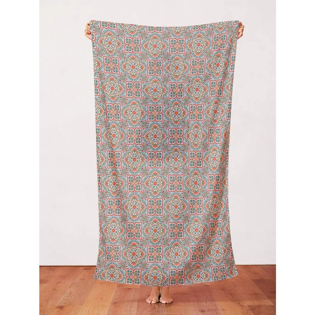 Blockprint Chic Rayon - Light Blue/Red