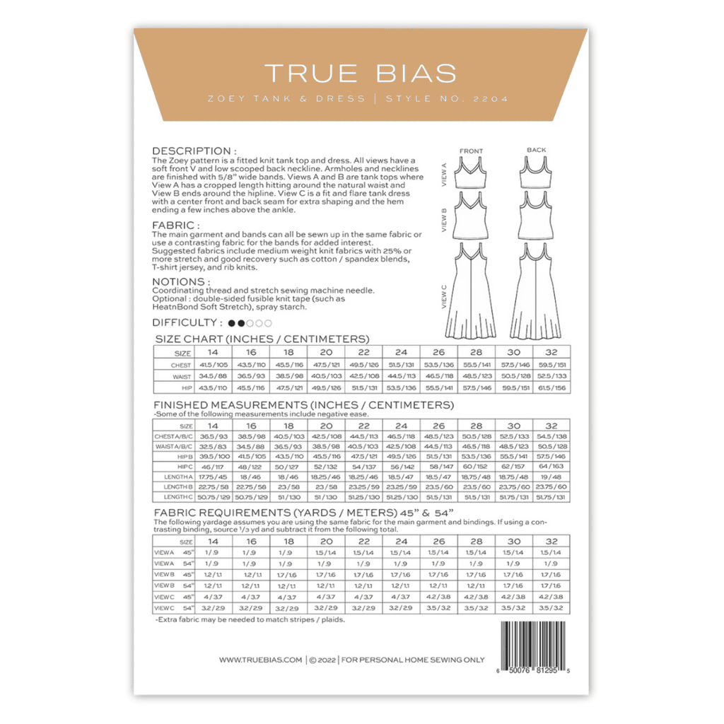 True Bias - Zoey Tank and Dress 14-32