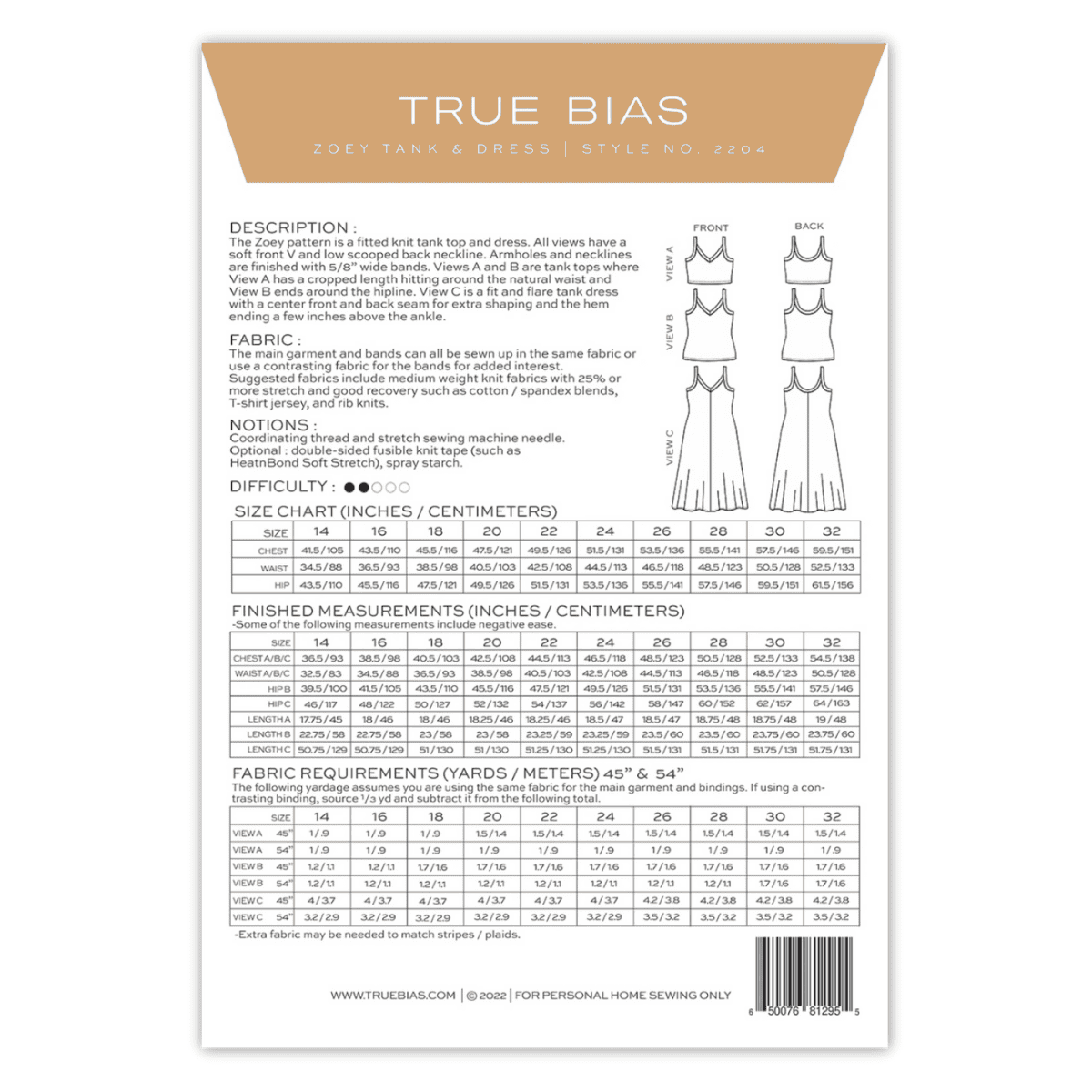 True Bias - Zoey Tank and Dress 14-32