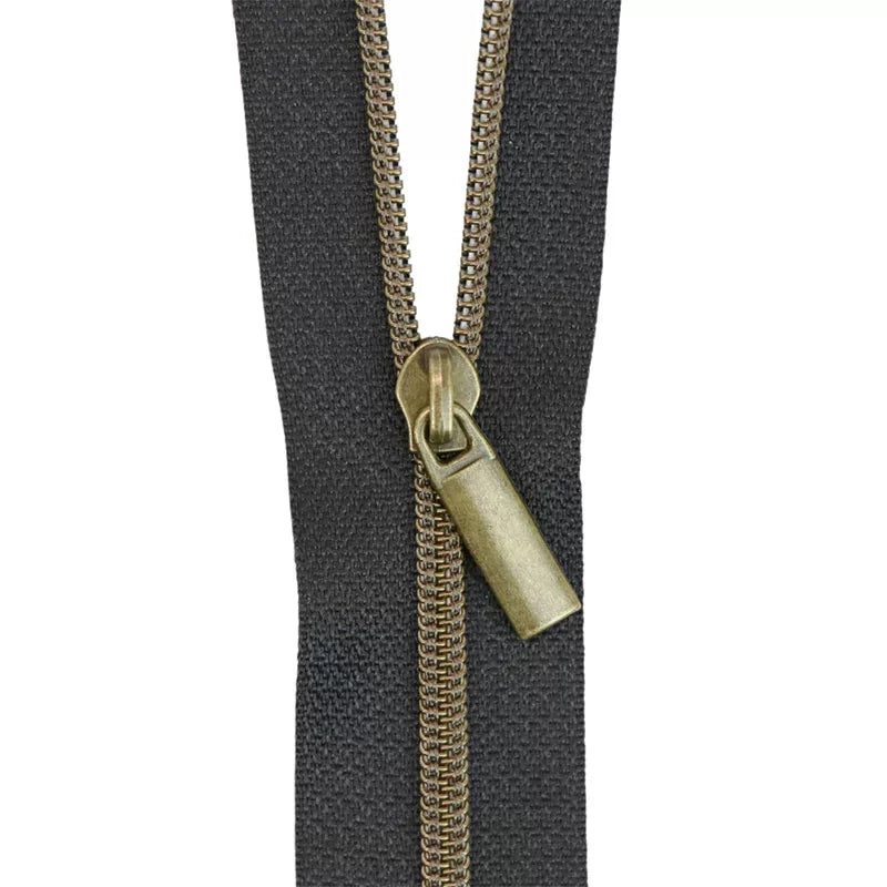 Sallie Tomato - #5 Nylon Zipper By the Yard - Black/Antique Brass