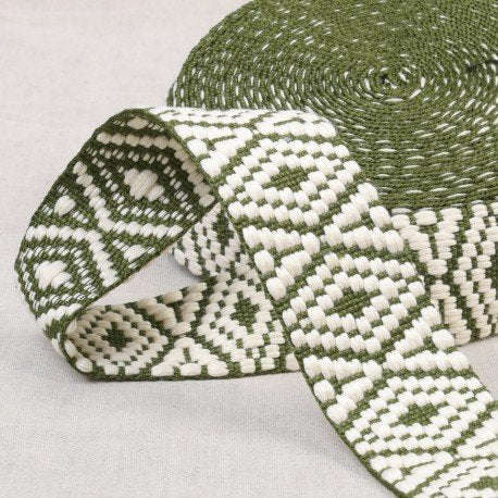 Jacquard Webbing - 1-1/2" wide - Green and White Diamond (153) 