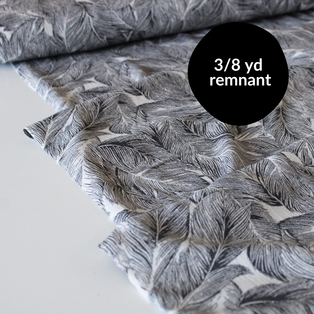 Remnant - 3/8 yd - Crinkle Rayon - Black + White Leaf Print