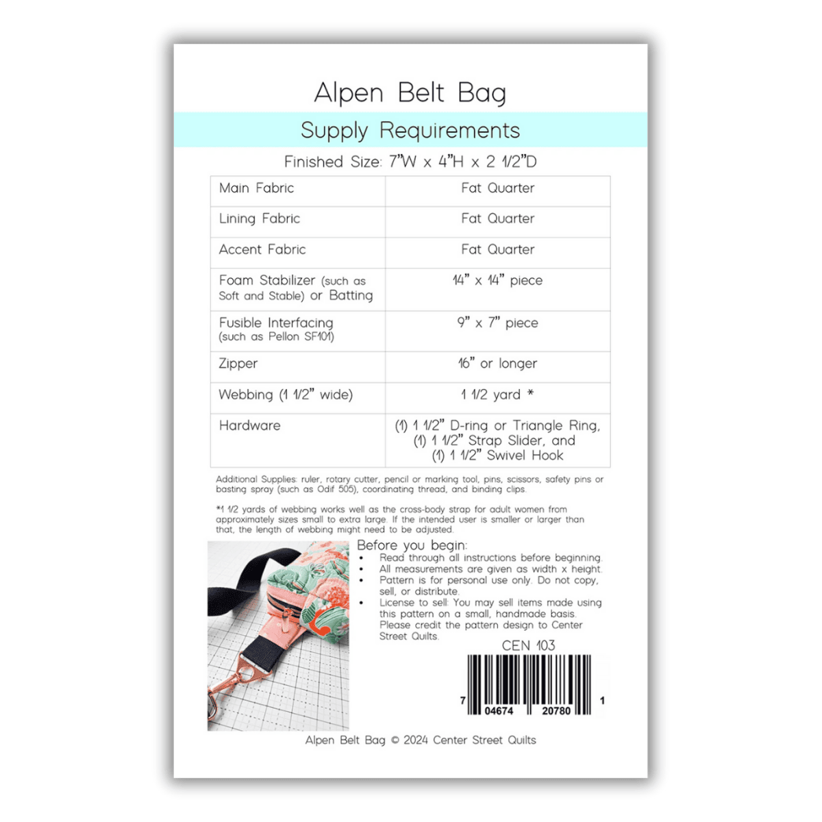 Center Street Quilts - Alpen Bag Pattern